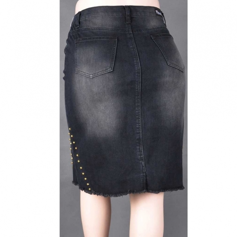 Plus Size Stretch Black Denim Knee Length Skirt - Picture 2 of 5